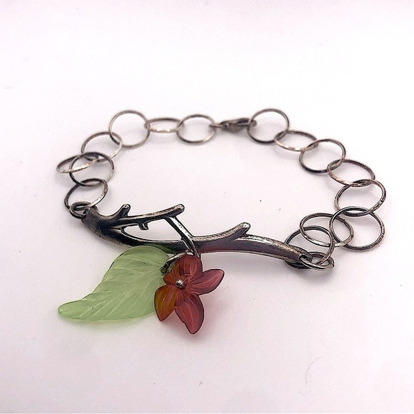 VTG Sterling Silver & Plastic Flower & Leaf Accent Floral Bracelet 7.5” - Picture 2 of 6